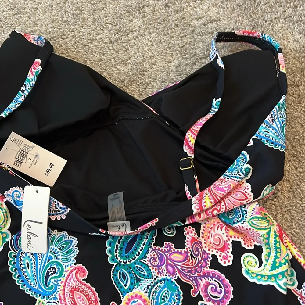 NWT $59 Leilani Poolside Paisley Kauai One Piece Swimsuit 12 Black Colorful New‎